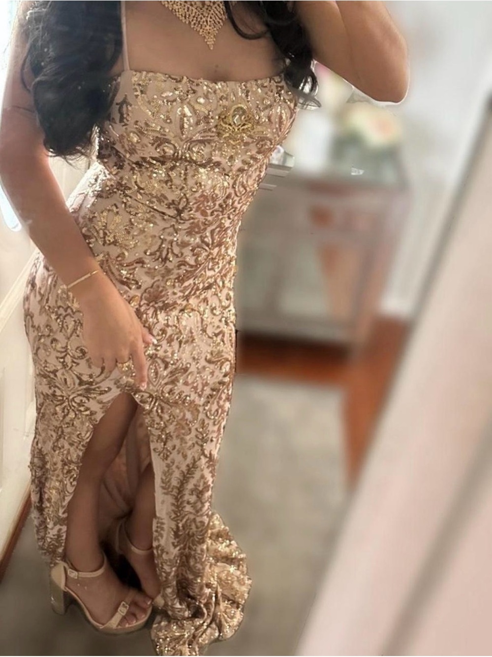 WINDSOR Kinsley Champagne Evening Dress with slit / Custom gems on it